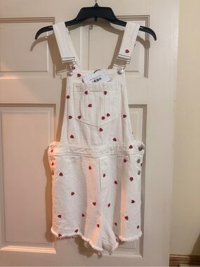 White Denim Women's Overall Shorts with Red Heart Print